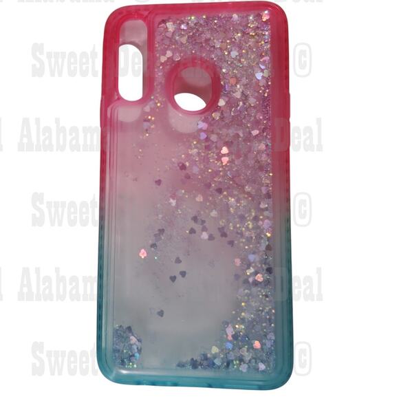 Cellphone Case For Samsung Galaxy A20s, Pink/Aqua w/ Glitter/Hearts Quicksand - Picture 1 of 6